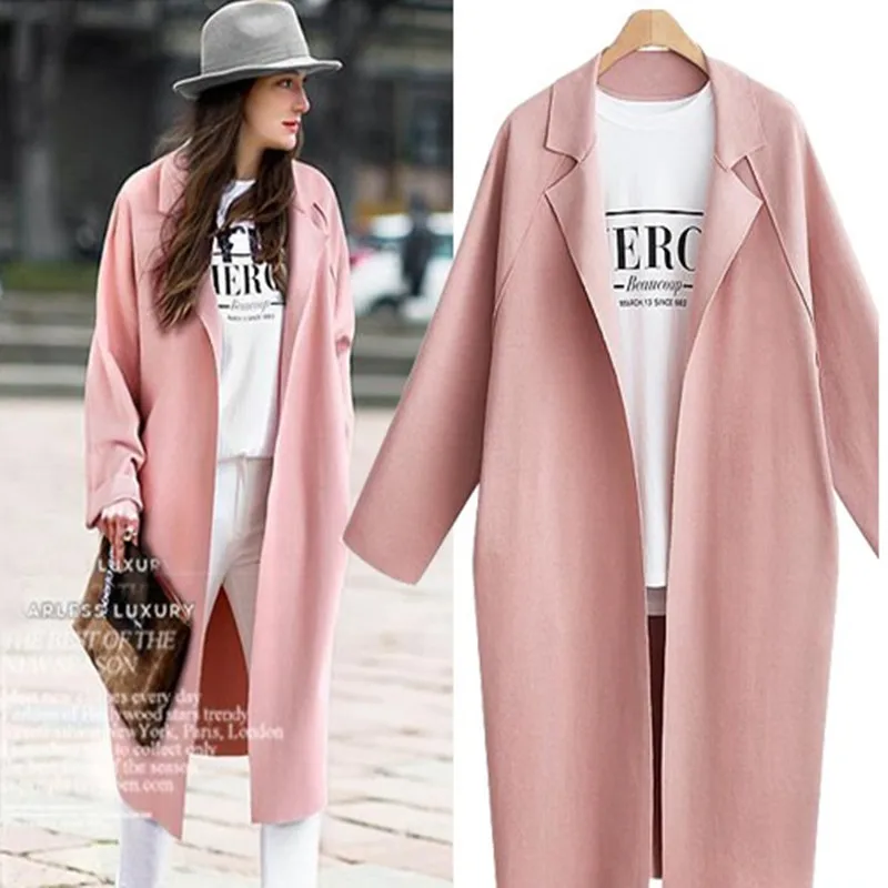 Весенний осенний Женский Тренч размера плюс модный простой свободный отложной воротник Сплошное Длинное Пальто для женщин большая верхняя одежда - Цвет: pink