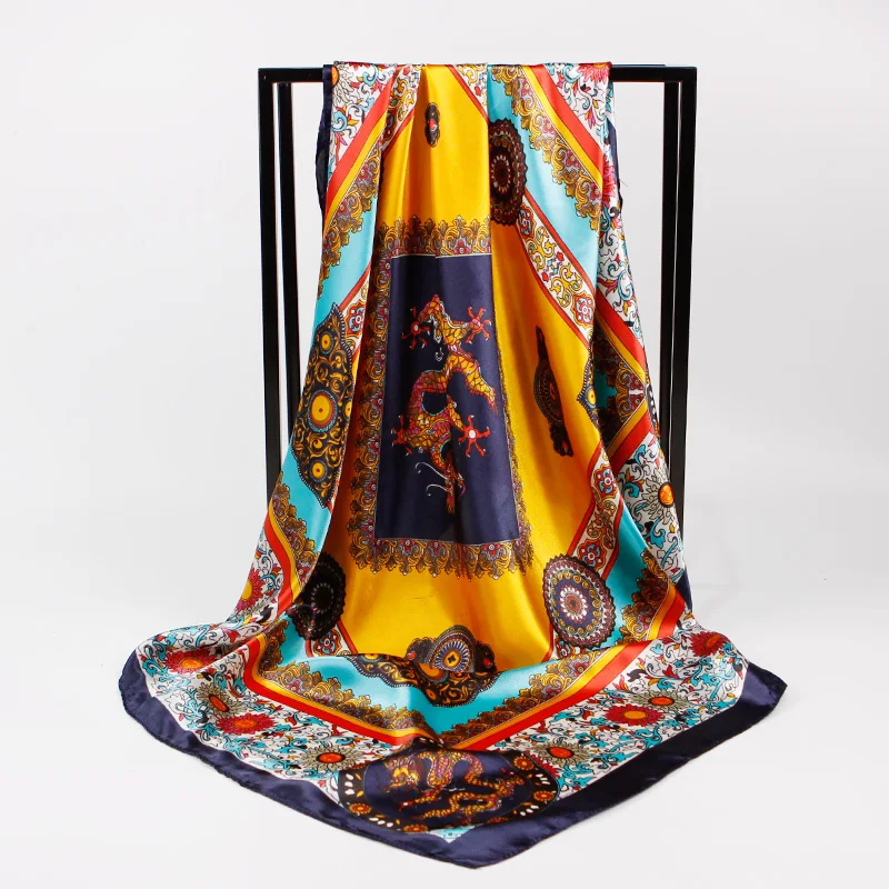 

Fashion Hijab Scarf For Women Chinese Dragon Print Head Scarfs Female 90*90cm Luxury Brand Square Beach Shawl Scarves For Ladies