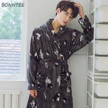 

Robes Men Turn-down Collar Long Printed Warm Winter Daily Home Robe Mens Soft High Quality Flannel Couples Korean Style Chic