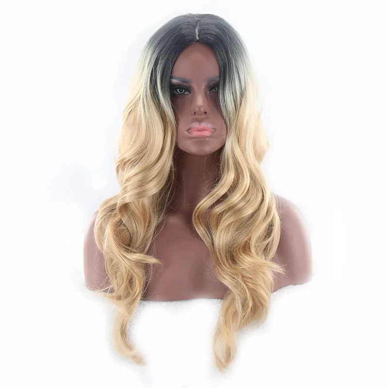 Middle Part Two Tone Black Blonde Ombre Wig Cosplay Synthetic Natural Hair Long Wavy Wigs For Women High Temperature Fiber