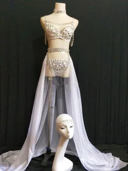 

Women Silver Sequins Crystals White Perspective Mesh Bodysuit Trailing Skirt Nightclub Bar Female Singer Host Stage Dance Outfit