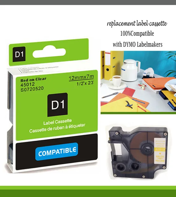 Cheap compatible 1/2"mmX23'dymo label printer d1 label tapes 12mm red on clear tape 45012 Dymo 45012