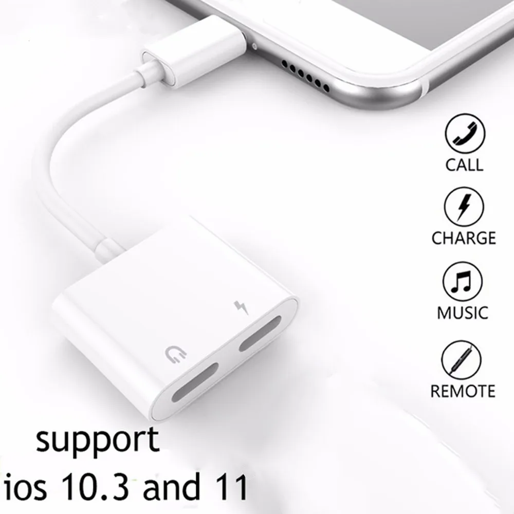 

Double For Lightning Jack Charging Audio Adapter for iPhone 7 8 X Support for IOS 11 Music Call Headphone Adapter Converter