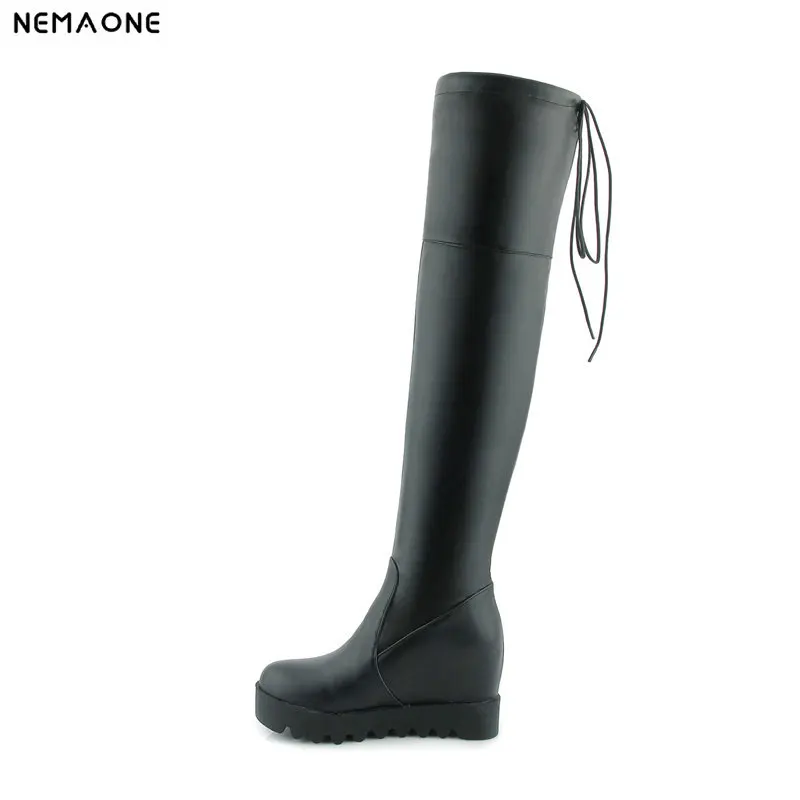 Goede NEMAONE vrouwen over de knie laarzen hoogte toenemende hoge hakken platform ronde neus dames laarzen zwart wit winter schoenen vrouw