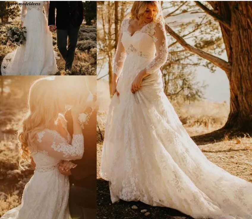 

robe de mariee Lace V-Neck Country Wedding Dresses With Sleeves Appliques Beaded Illusion Bridal Gown Court Train Plus Size 2019