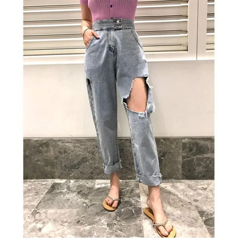 

2019 New Vintage Ripped Jeans Women's Loose Jeans Women High Wasit Pants Big Holes Skinny Pencil Pants Female Ankle Jeans