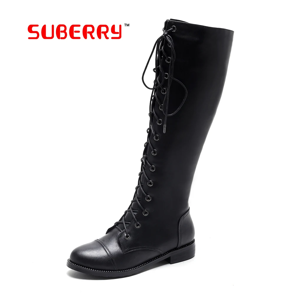 SUBERRY 2016 Autumn Winter Ladies Fashion Flat Bottom Boots Knee High Boots Black White Lace Up Long Brand Boots For Women Shoes