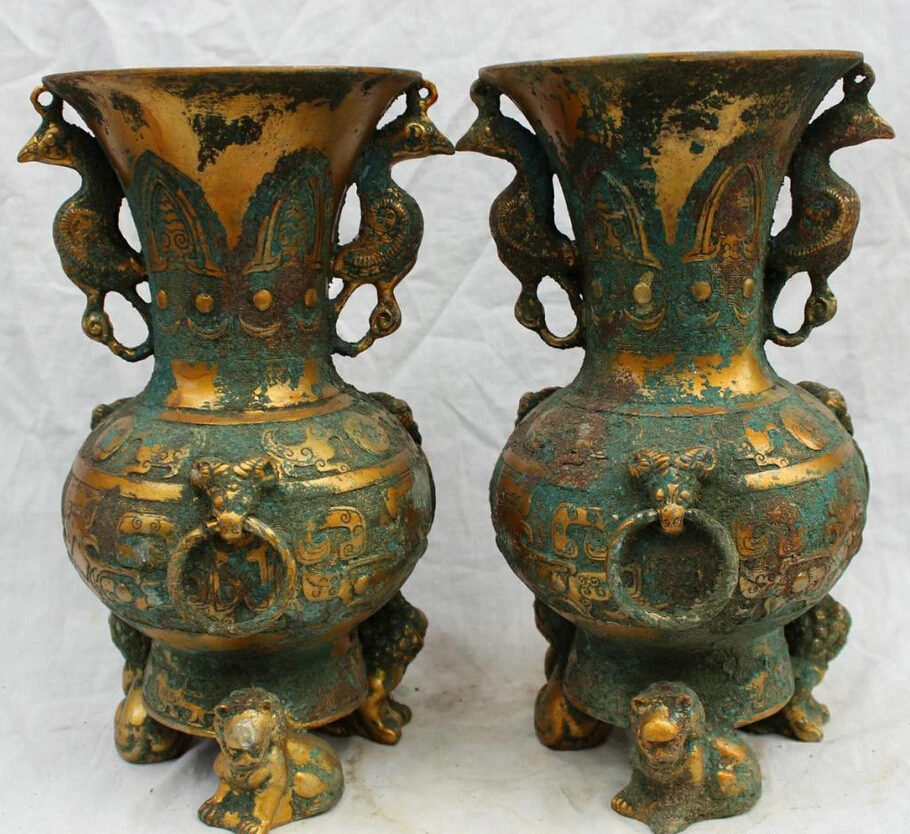 

USPS to USA S1683 11" Old Folk Chinese Culture Dynasty Bronze Lion Phoenix Statue Pot Vase Pair (B0413)