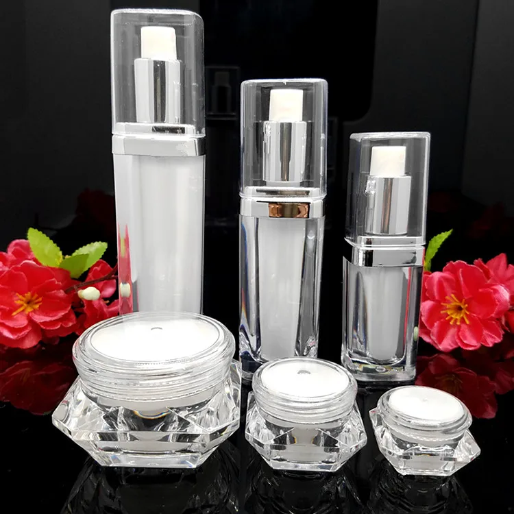 

10pcs/lot 3/5/8/15/20/30/50g White DIY Acrylic eye/face cream jar 15/30ml cosmetic lotion emlusion/sprayer atomizer bottle sets