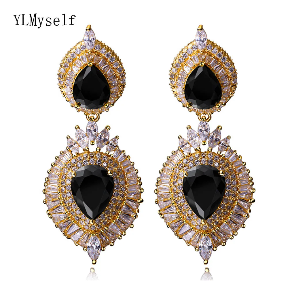 

Big luxury Tear Drop earrings for women Gold-color Pave Black Champagne crystal CZ orecchini large earring for party