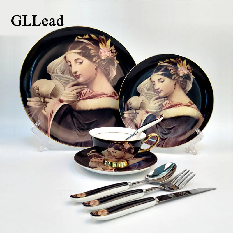 

GLLead Western Style Ceramic Tableware Dinner Service And Coffee Cup Saucer Set European Fruit Cake Steak Plate Dinnerware