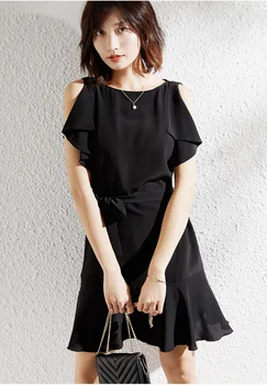 

Ruffles Red Midi Silk Dress Summer Little Black Dresses Office Laides High Quality Luxury Solid Retro sukienka Vintage vestidos