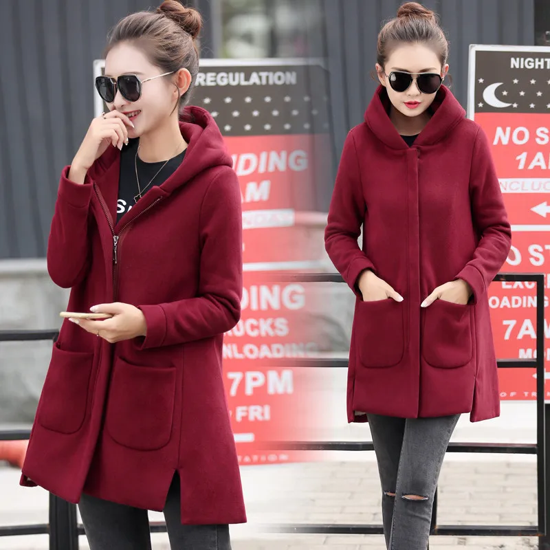 Осень-зима, Женская флисовая куртка, пальто, женские длинные пальто с капюшоном, верхняя одежда, теплая плотная Женская Красная приталенная куртка с капюшоном