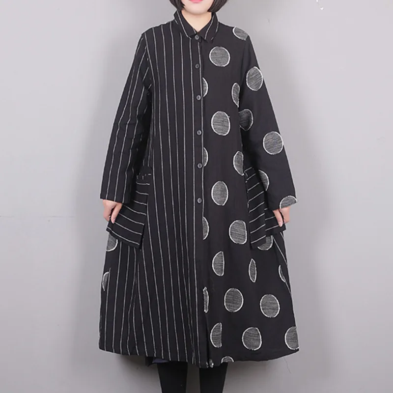 

LANMREM 2020 Spring New Casual Fashion Retro Women Loose Plus Irregular Linen Striped Dot Long Sleeve Dress TC324