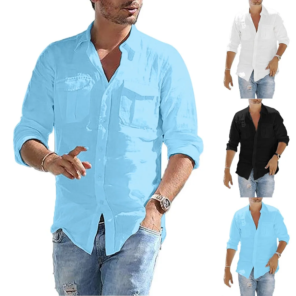 Compra Camisas Retro de manga larga para hombre, camisa masculina holgada de algodón y lino con bolsillo, color liso, de talla grande, Estilo Hawaiano kWwDAwma