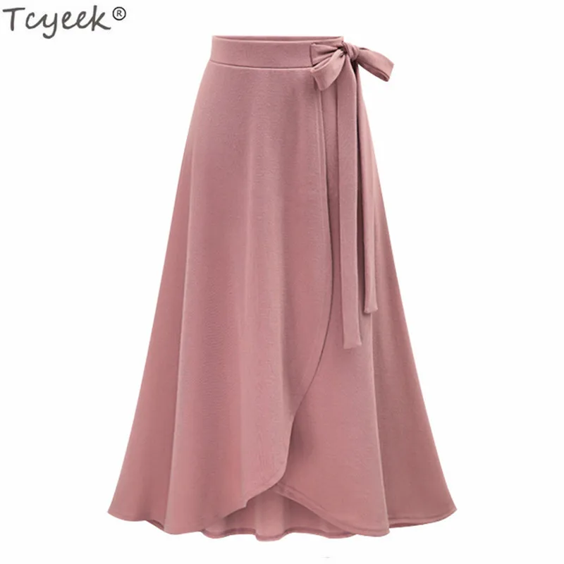 Tcyeek женская одежда 2019 высокая Талия Длинные асимметричные юбки плюс размер 6XL модная Милая уличная юбка с бантиком LWL307