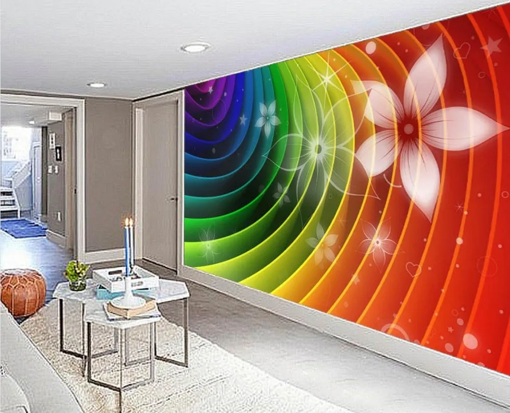 Abstract rainbow colorful flowers line the back wall TV sofa backdrop