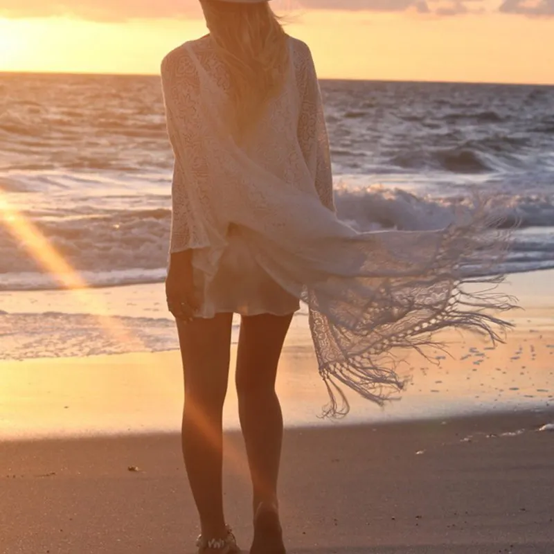 Boho Women Fringe Lace kimono cardigan White Tassels Beach Cover Up Cape Tops Blouses damen bluze Boho Women Fringe Lace kimono cardigan White Tassels Beach Cover Up Cape Tops Blouses damen bluze