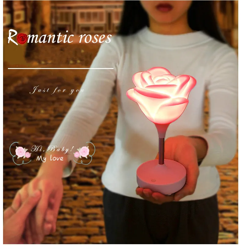 LED Romantic Rose Lamp USB Charging Silica Gel Heart Shape Color Changing Bedroom Lamp Gift for Chritmas Party Wedding