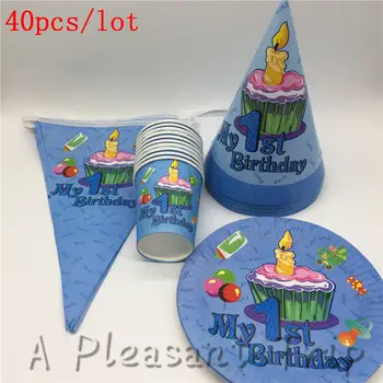 

40pcs / lot wholesale cartoon boy baby first birthday theme party supplies children's party decoration supplies for 10 people