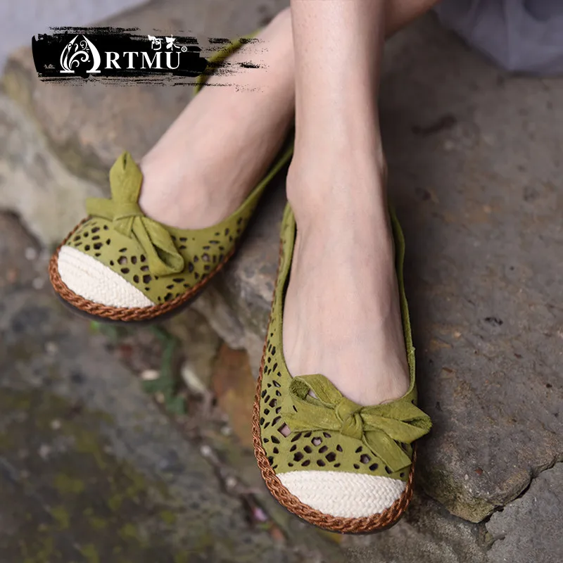 

Artmu Original New Round Toe Hollow Women Sandals Butterfly-knot Shallow Mouth Soft Sole Flat Leather Handmade Shoes 201-31