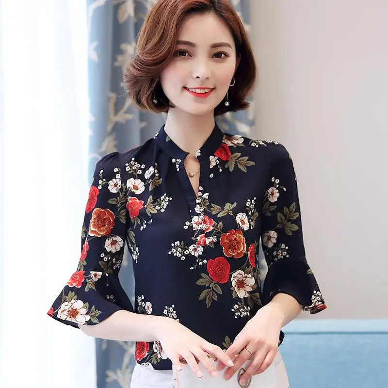 2017 Summer Floral Blouse Printing Shirt Women V neck Horn