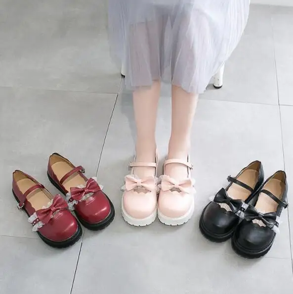 Прелестная обувь в стиле «лолита» Розовый и красный цвет черная обувь платье горничной форма обувь милая обувь на плоской подошве для