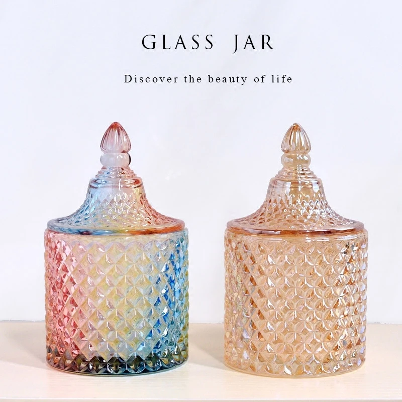 

European Small Glass Bottle with Cover Sugar Tank Dressing Table Jewelry Glass Jar Desktop Storage Cotton Tank Candy Box Glass