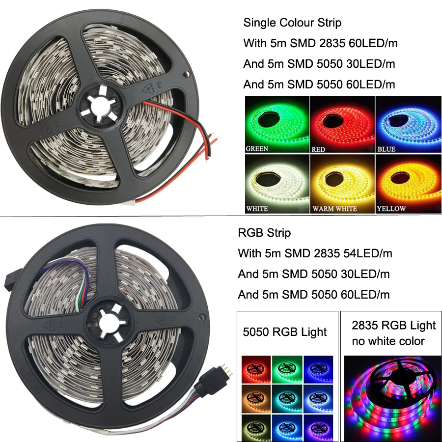 Светодиодная лента белый теплый белый RGB 5 м 2835smd fita de Светодиодная лента Диодная лента 12 В светодиодный светильник с адаптером питания постоянного тока 12 В