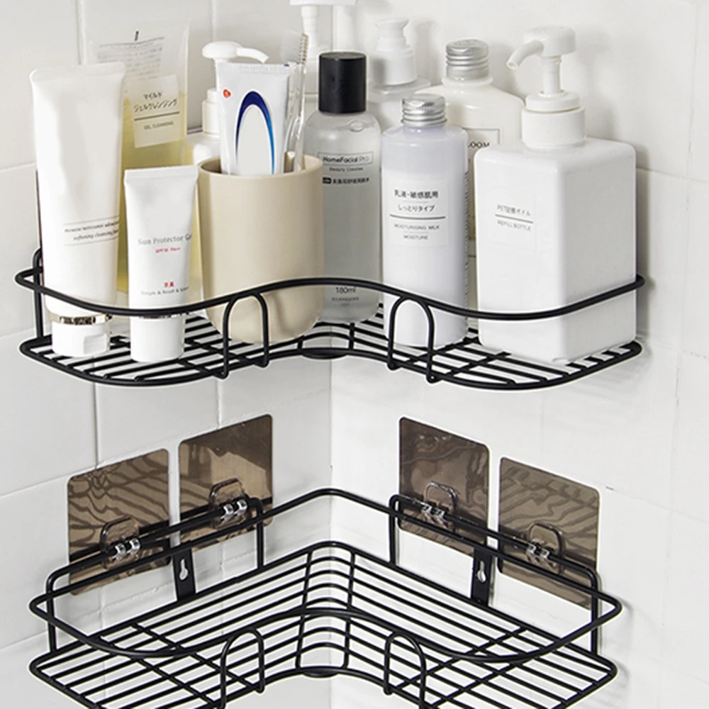 

Bathroom Punch Free Corner Frame Shower Shelf Wrought Iron Shampoo Storage Rack Holder with 4 Suction Cup Sticker Hangers