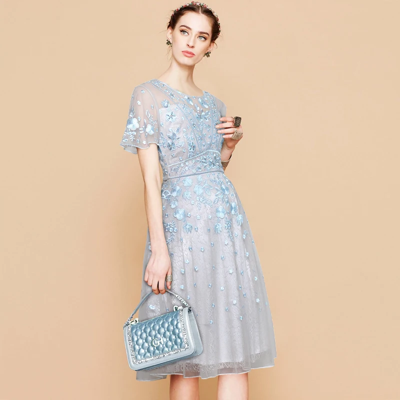 

Runway Dress Luxury Designer High Quality Women Elegant Mesh Floral Embroidery Lace Short Sleeve Summer Office Lady Plus Size