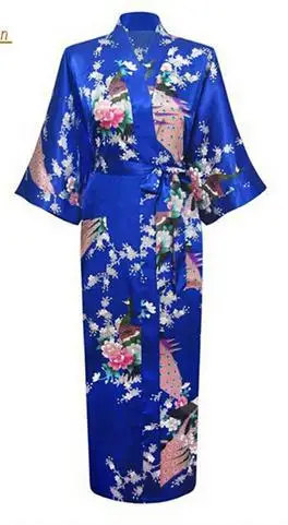Абсолютно длинный халат атлас, искусственный шелк пижама-халат для женщин кимоно одежда для сна цветок плюс размер s-xxxl - Цвет: blue