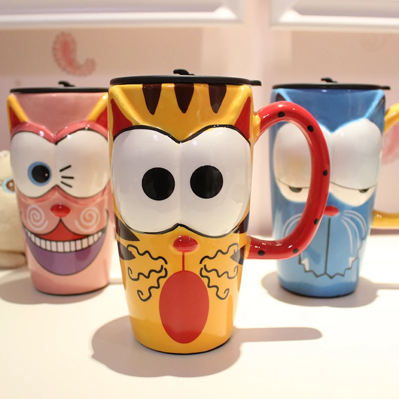 Best OUSSIRRO Painted Ceramic Mug Creative Stylish Mug Coffee cup with lid with spoon Large capacity Cartoon Cup L2048
