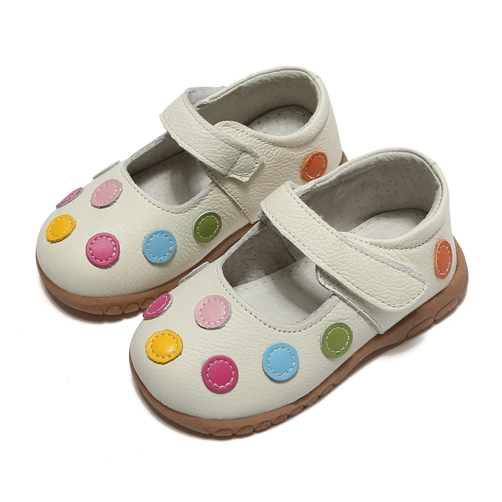 Кожаная обувь мягкая детская белая Мэри Джейн с разноцветным узором в горошек Классическая для маленьких девочек
