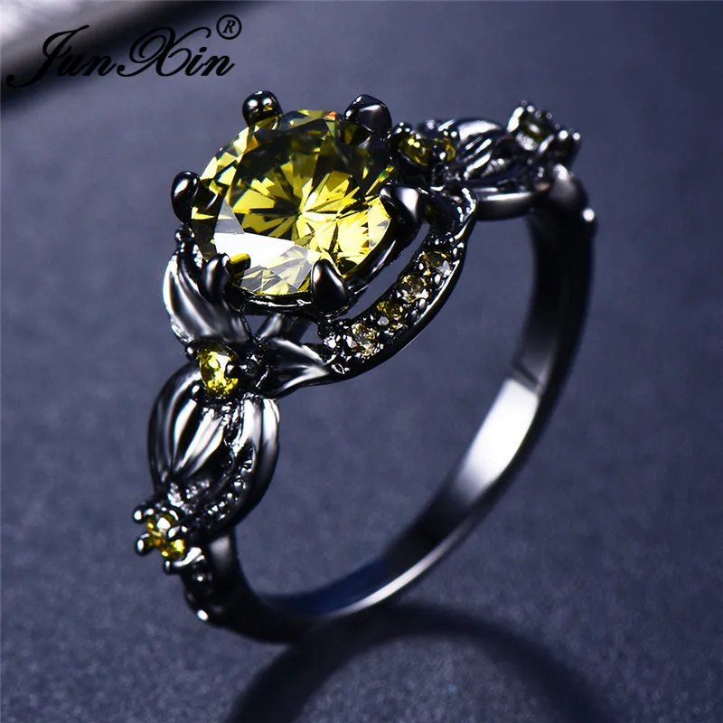 Olive Green Новинка, Брендовое женское круглое цветочное кольцо с большим кристаллом, цирконием, любовь, ювелирное изделие, Винтаж, 14 к, Черное золото, красное, обручальное кольцо для женщин - Цвет основного камня: Olive Green