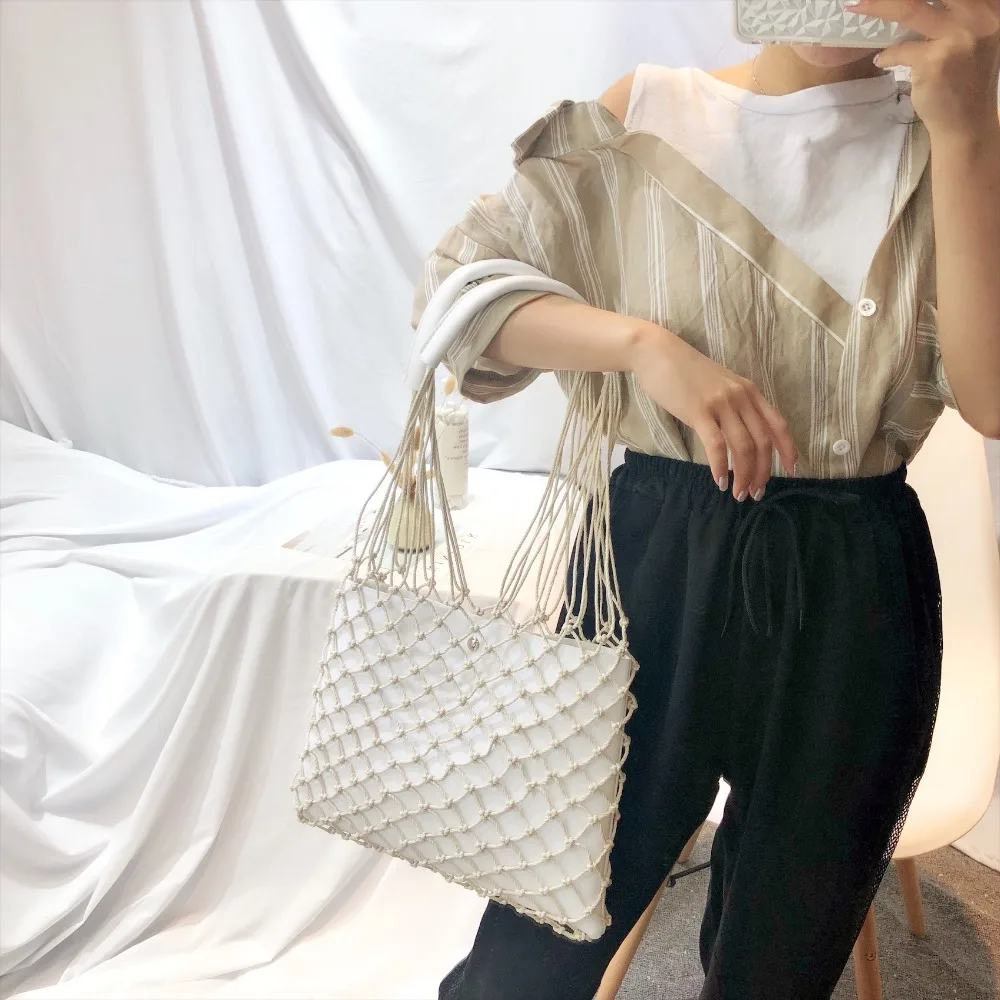 Goedkoop Designer Casual Hollow Netto Flap Bag Pu Leer Hollow Vrouwen Schoudertas Hennep Touw Geweven Handtas Bohemian Strandtas Dame handtas
