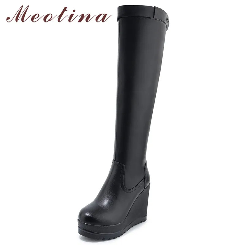 

Meotina Genuine Leather Knee High Boots Women Platform Wedge High Heel Long Boots Cow Leather Zipper Shoes Ladies Winter Size 40