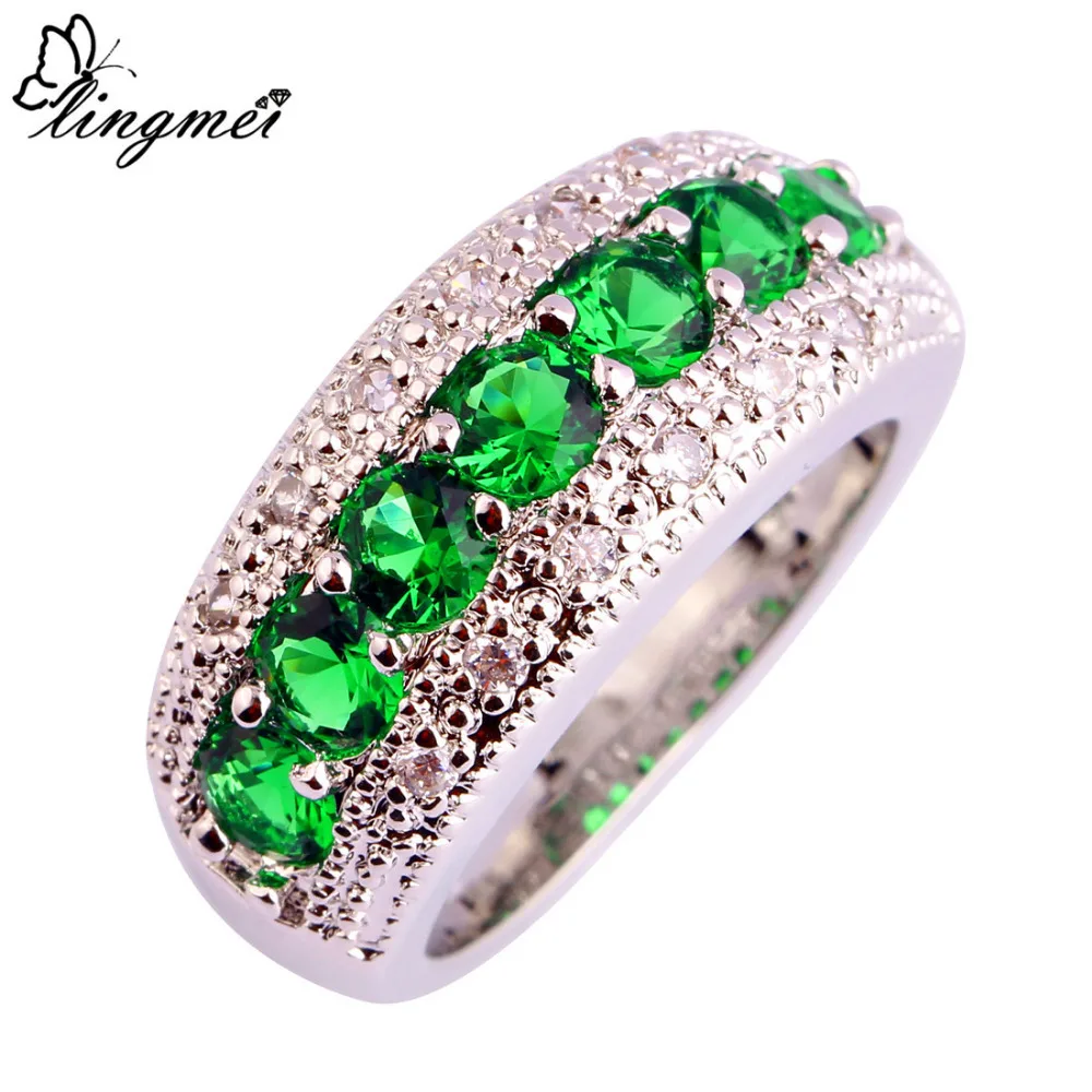 

lingmei Generous Fashion Green & White Cubic Zirconia Silver Color Ring Engagement Perfect Jewelry For Women Full Size Wholesale