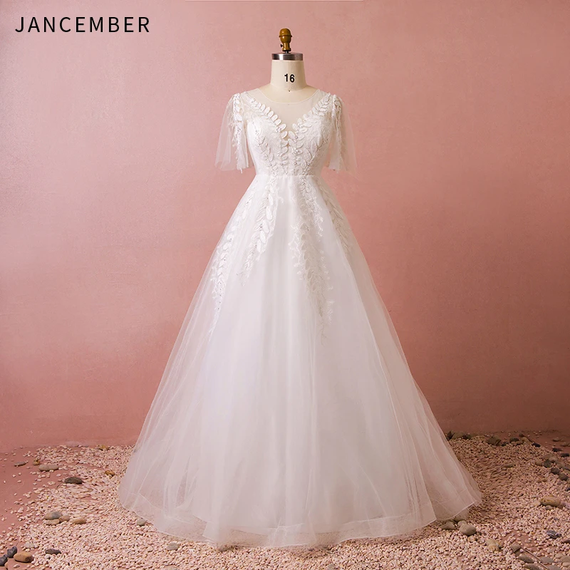 Jancember Latest Plus Size Wedding Dresses Short Sleeve Illusion O