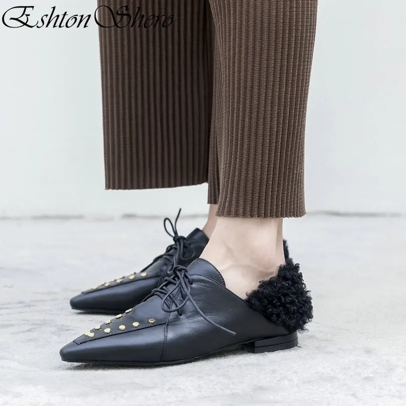 

EshtonShero Women's Flats Shoes Genuine Leather+PU Flat Heels Lace Up Pointed Toe Rivet Fall Ladies Loafers Shoes Size 33-40