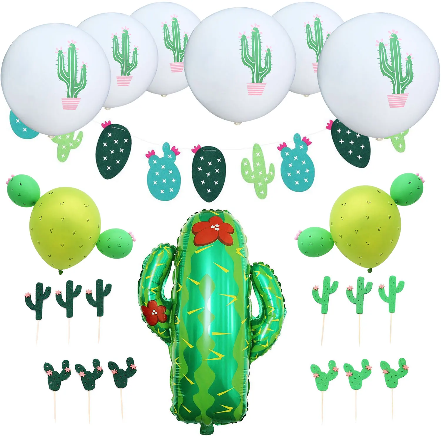 

ZLJQ Cactus Cupcake Toppers Latex Balloons Banner Garland For Cactus Cactus Party Decorations Summer Theme Party Decoration