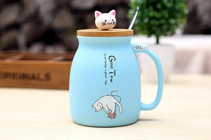 450 мл Сезам Кот термостойкая многоцветная мультяшная крышка чашка для завтрака котенок молоко кофейная керамическая кружка детская офисная кружка - Цвет: Blue