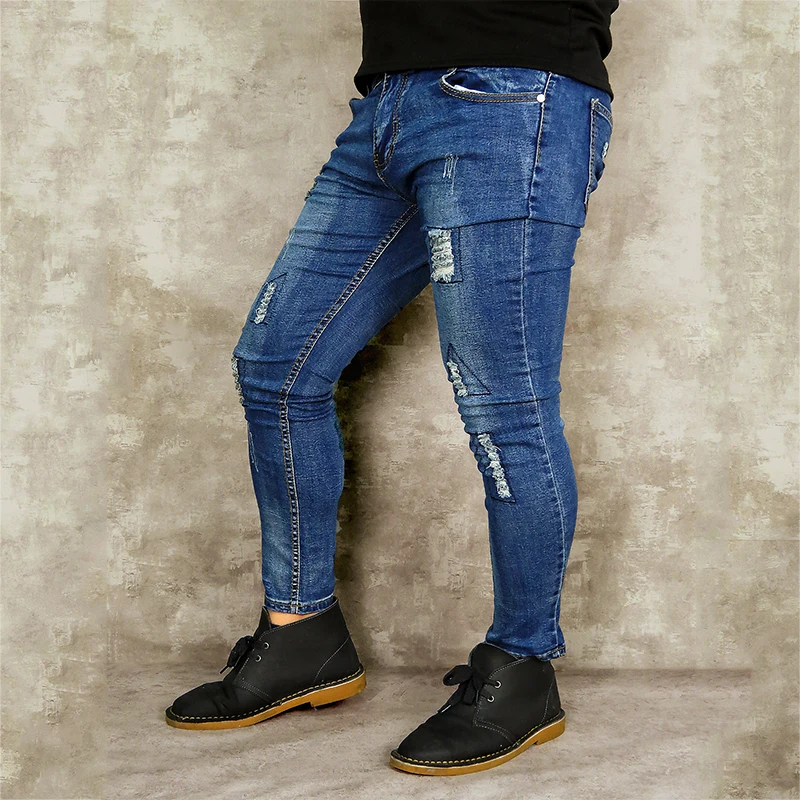 Новинка, мужские джинсы, синие Стрейчевые штаны длиной до щиколотки, рваные, рваные, тонкие, обтягивающие, джинсовые, байкерские джинсы, уличные брюки