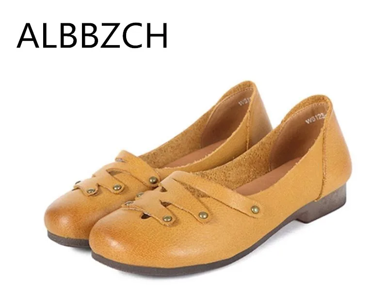 

New Spring Summer Women Flats Genuine Leather Casual Shoes Woman Loafers Handmade Retro Shallow Shoes Soft Comfortable Brown