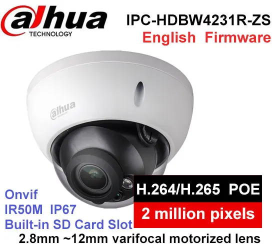 

Dahua H2.65 IPC-HDBW4231R-ZS IP Camera 2.8mm ~12mm varifocal motorized lens 2MP IR50M with sd Card slot POE network camera