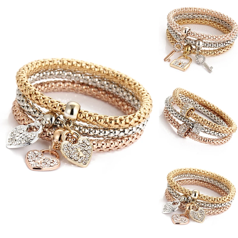 

3Pcs/Set Fashion Mosaic Cubic Zirconia Key Lock Elastic Charm Bracelets For Women Gold Color Creative Popcorn Corn Chain Jewelry