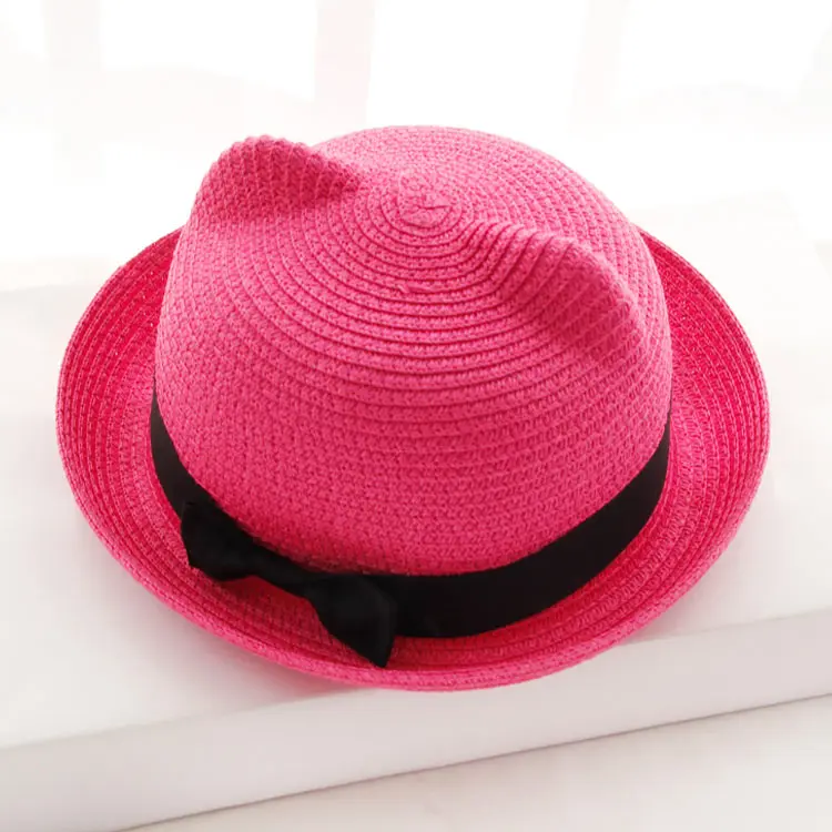 MATTYDOLIE, соломенная шляпа, летняя, женская, милая, кошачьи уши, бант, цветок, пляжная шляпа, родитель-ребенок, шляпа от солнца, складная, детская шапка для девочки - Цвет: Plum red