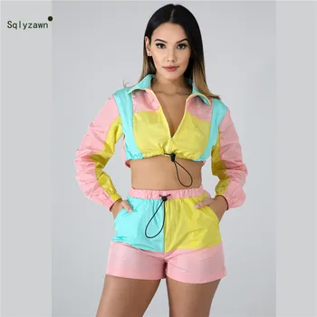 

Color Block Patchwork Casual Two Piece Set Women's Deporte Suit Full Sleeve Zipper Crop Top + Drawstring Shorts Matching Outfits