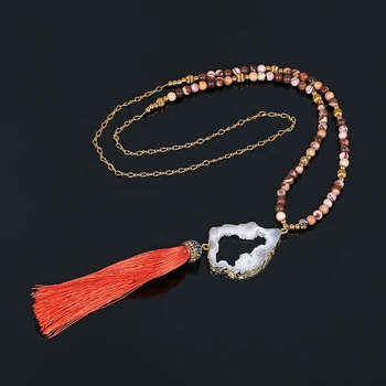 

Lucky Long Red Tassel Necklace Chinese Style White Druzy Pendant Necklace DIY Handmade Mookaite Natural Stone Necklace For Women
