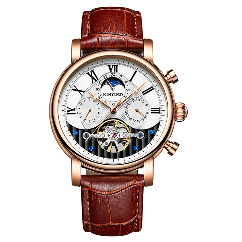 

New Watches Business Men Watch Mechanical Automatic Hollow Man Wristwatch Leather Calendar Moon Phase Week Display Luxury Clock